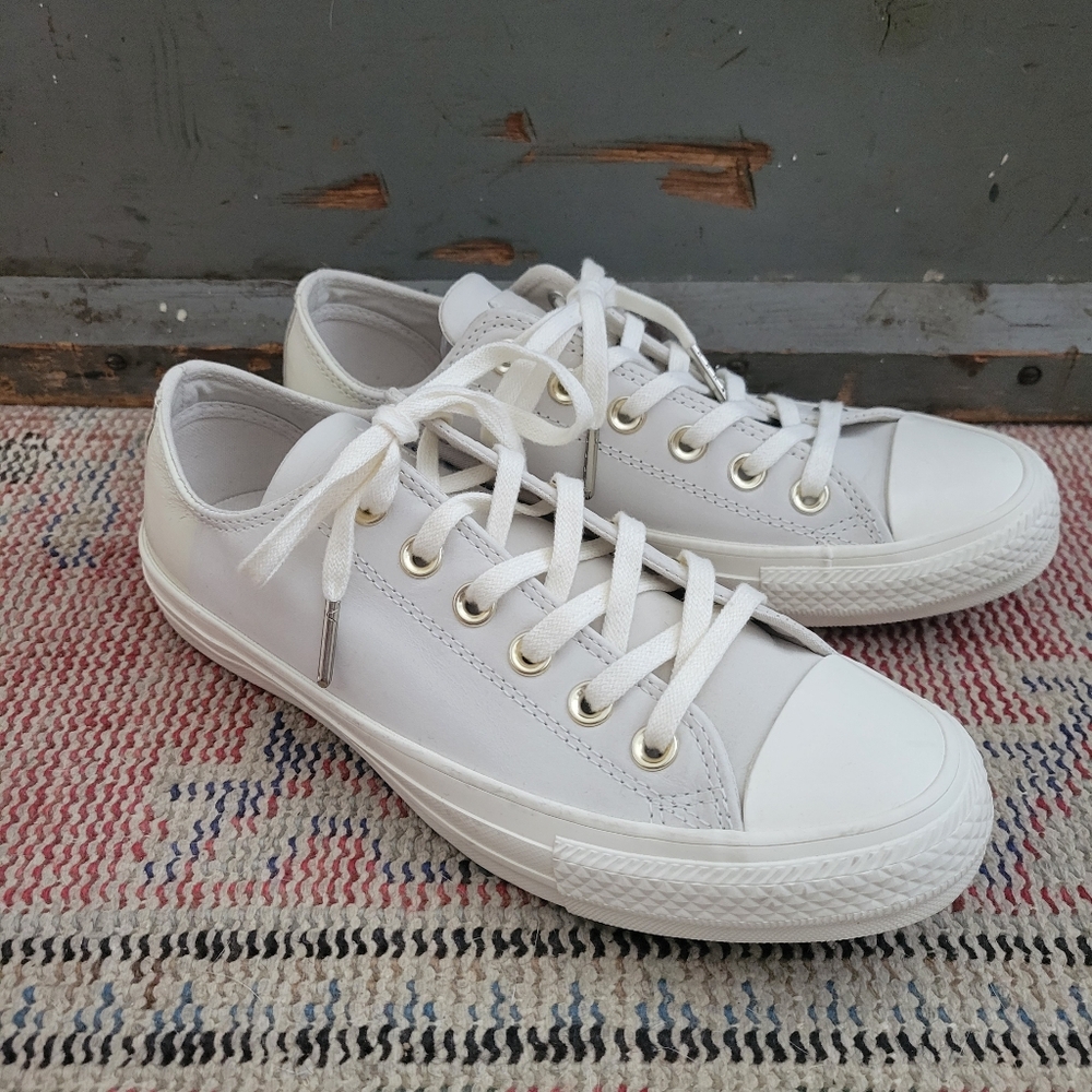 Egret White leather Converse ctas ox patent gold eyelets chuck Taylor all stars